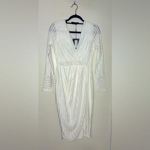 White satin stripe wrap midi dress